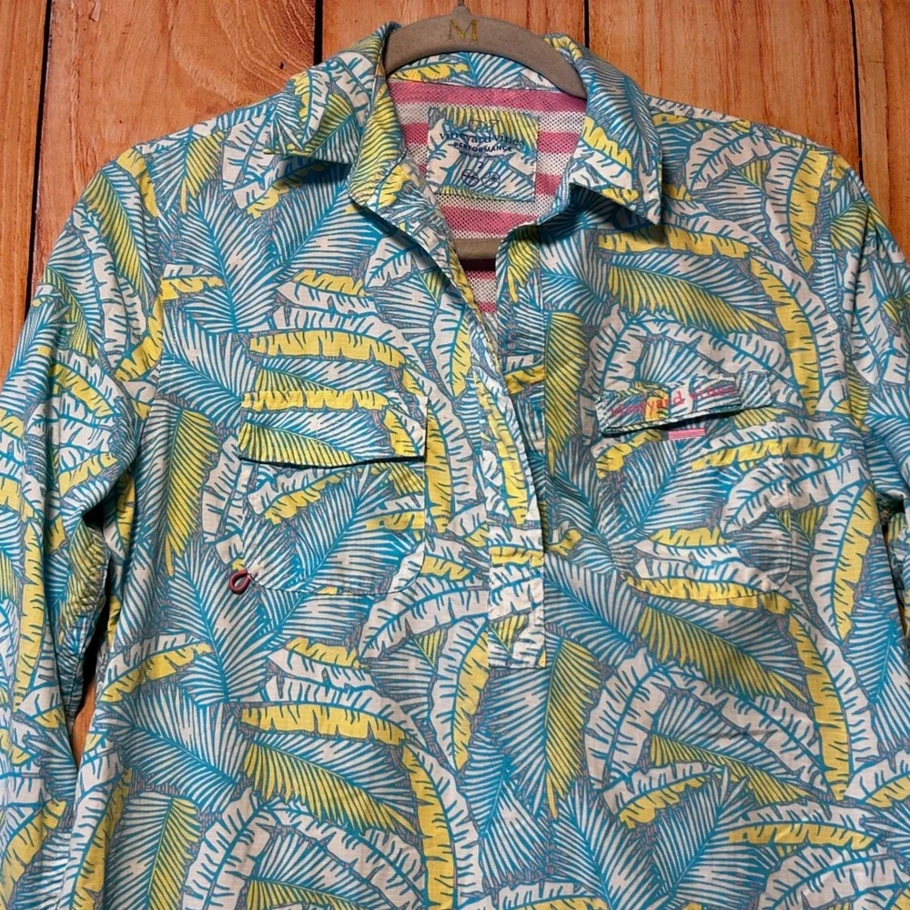 Vineyard Vines Performance Dress Women 2 Blue Yellow‎ Palm Tropic Coastal Preppy